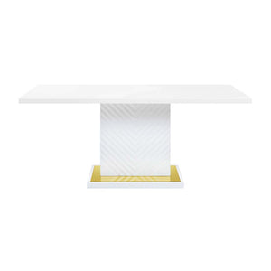  the base offers a touch of gold to enhance the textured vertical lined pedestal. The white high gloss finish reflects light and makes any dining space appear larger and grander.