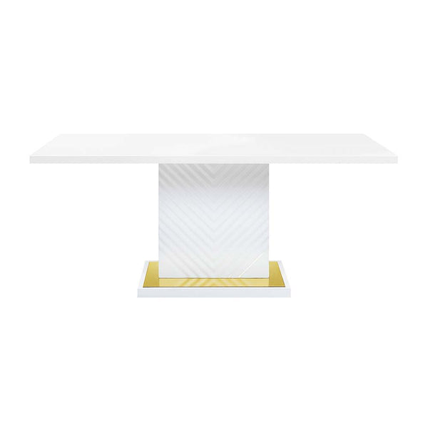  the base offers a touch of gold to enhance the textured vertical lined pedestal. The white high gloss finish reflects light and makes any dining space appear larger and grander.