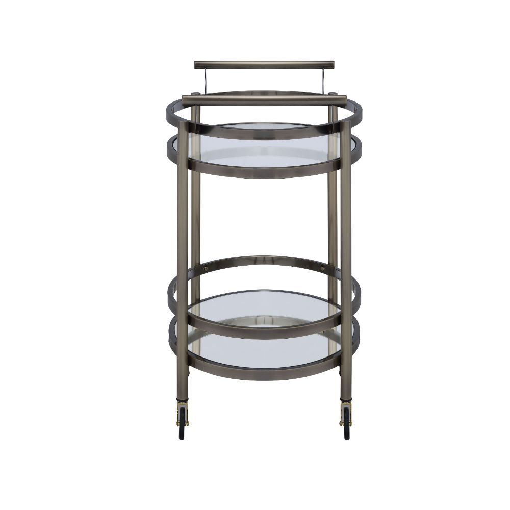 Show off your personality with the Lakelyn serving cart, featuring a metal frame finished in brushed bronze and top tray of glass and lower mirrored shelf for that glam appeal. The clear tempered glass top and mirror bottom are the ideal place for placing