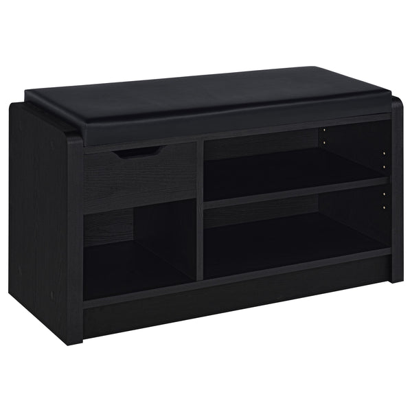 Make your entryway or garage both functional and stylish with this versatile storage bench, designed to keep your space organized. Featuring a foam cushion upholstered in sleek black faux leather, this bench offers a comfortable seat while you put on or t