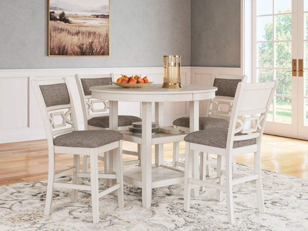  this counter height dining table and bar stool set effortlessly captivates with its elegant simplicity. The timeless design pairs a crisp white hue with gray textured upholstery. It-'s a 