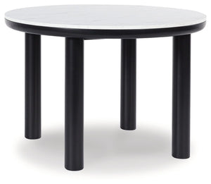 Clean lines meet cool curves with this dining table. Chunky round post legs and a black finish lend a modern vibe, while a replicated white marble top completes the casual lifestyle design. What a delicious choice for a dining room update.<br><br><b>Addit