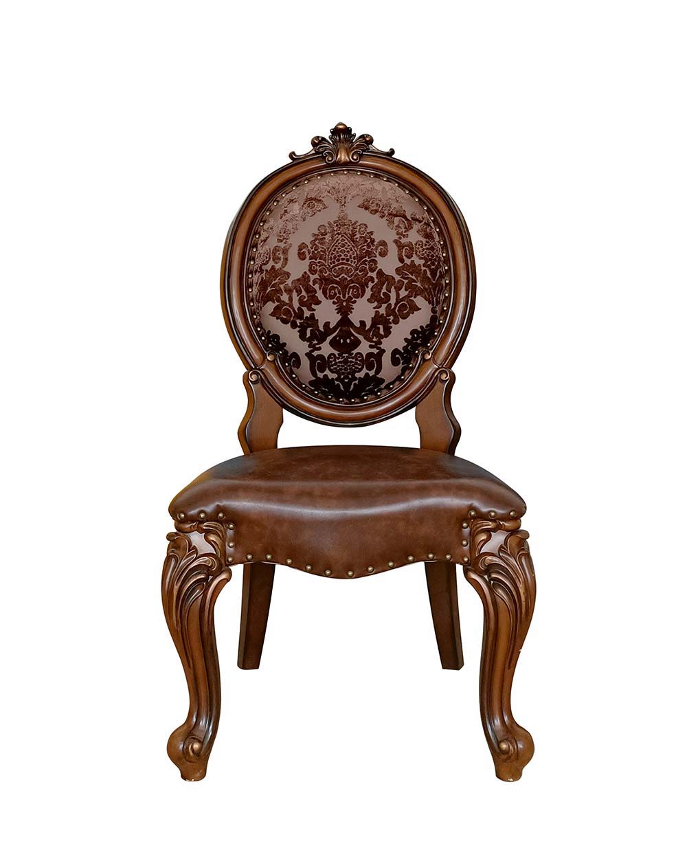 Irresistibly inviting, the Versailles collection displays the unrivaled beauty of the traditional dining. The dining table reflects highly decorative base with oversized scrolled feet, and the upholstered and tapestried chairs with deep button tufted and 