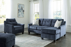 Urban contemporary meets mid century (with a pop of trend-right color) in this seating package. Supremely soft upholstery, teeming with luster and movement, finesses the set with just the right touch. Gently flared arms and tufted back cushions let you ba