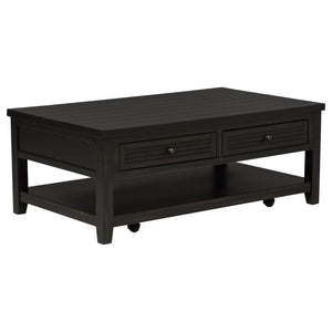Bring a touch of timeless charm to your living room with this versatile coffee table. Featuring solid wood legs and a beautiful engineered wood frame with a distressed java finish over pine veneer, it offers both durability and style. The planked wood top