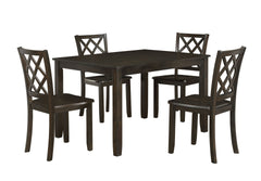 The Trellis 5 Piece Dining Set in brown offers a harmonious blend of style and durability, making it an excellent choice for any dining space. This set includes one dining table and four chairs, all crafted from solid rubberwood, manufactured wood, and bi