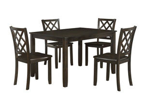 The Trellis 5 Piece Dining Set in brown offers a harmonious blend of style and durability, making it an excellent choice for any dining space. This set includes one dining table and four chairs, all crafted from solid rubberwood, manufactured wood, and bi