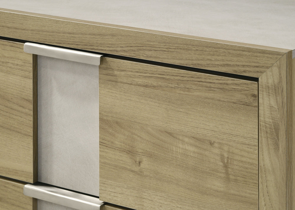 This bedroom set encapsulates modern minimalism, rendered in a soothing, natural wood finish that brings an organic, airy feel to any bedroom. The clean-lined bed boasts a broad headboard that stands as a subtle statement piece with integrated lighting. A