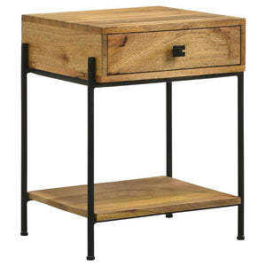 Blending modern industrial aesthetics with natural warmth, this accent table is both functional and stylish. Crafted from solid mango wood, the natural-finish tabletop and open bottom shelf showcase rich wood grain variations, while the sleek black iron f