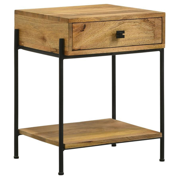 Blending modern industrial aesthetics with natural warmth, this accent table is both functional and stylish. Crafted from solid mango wood, the natural-finish tabletop and open bottom shelf showcase rich wood grain variations, while the sleek black iron f