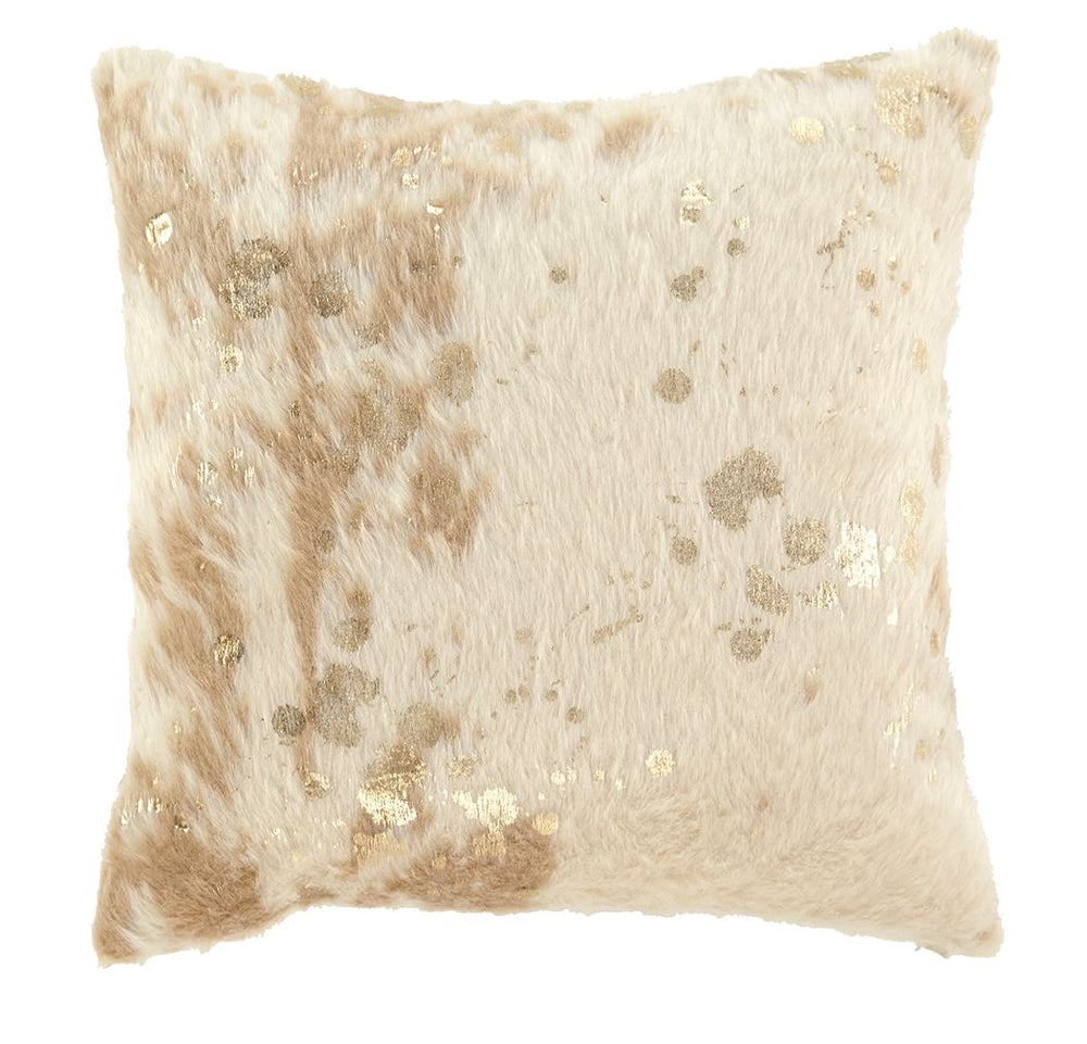 This faux fur accent pillow makes indulgence comfortably affordable. Masterful mix of cream and goldtone hues is a delightful change from the ordinary. Cozy feel is the essence of luxury living.<br/><br/><b>Product Features</b><ul><li>Faux fur (acrylic) f