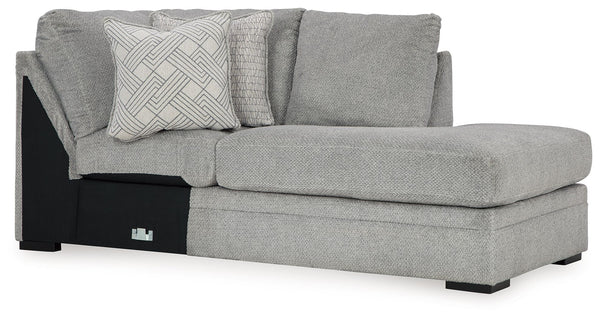 This right-arm facing corner chaise is made with polyester. Pairs with other items in the series to make a sectional.<br><br><b>Additional Dimensions</b><br><ul><li>Arm height: 69-"</li><li>Seat depth: 69-"</li><li>Seat height: 22-"</li><li>Top of cushion