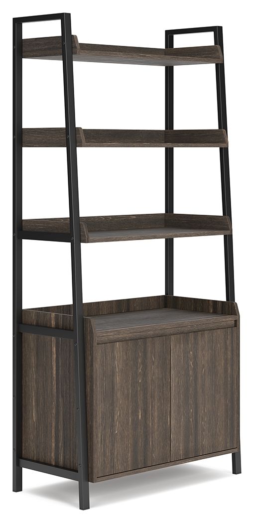 Craft a decidedly modern home office with this bookcase. Its rich dark brown wood grain pattern has an air of refinement, while the four open shelves and lower cabinet keep workspace essentials organized in sleek style.<br><br><b>Additional Dimensions</b>