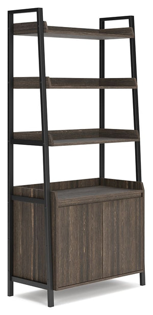 Craft a decidedly modern home office with this bookcase. Its rich dark brown wood grain pattern has an air of refinement, while the four open shelves and lower cabinet keep workspace essentials organized in sleek style.<br><br><b>Additional Dimensions</b>
