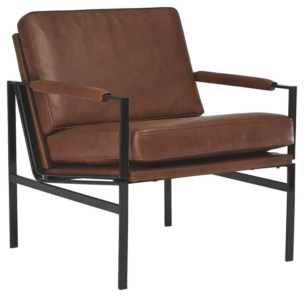 This accent chair has an ultra-modern vibe and indulgent feel. Its metal frame is a chic complement to brown leather seating. With its bronze-tone finish and urban industrial style, this accent chair impresses with high-end looks priced to entice.<br><br>