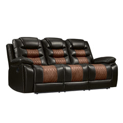 Enhance your living space with the Nikko Dual Recliner Sofa with Hidden Cupholders and Drop Down Snack Tray in brown. This sofa, constructed with hardwood and plywood frames, promises long-lasting durability and stability. Luxurious comfort is ensured wit