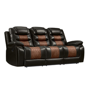 Enhance your living space with the Nikko Dual Recliner Sofa with Hidden Cupholders and Drop Down Snack Tray in brown. This sofa, constructed with hardwood and plywood frames, promises long-lasting durability and stability. Luxurious comfort is ensured wit