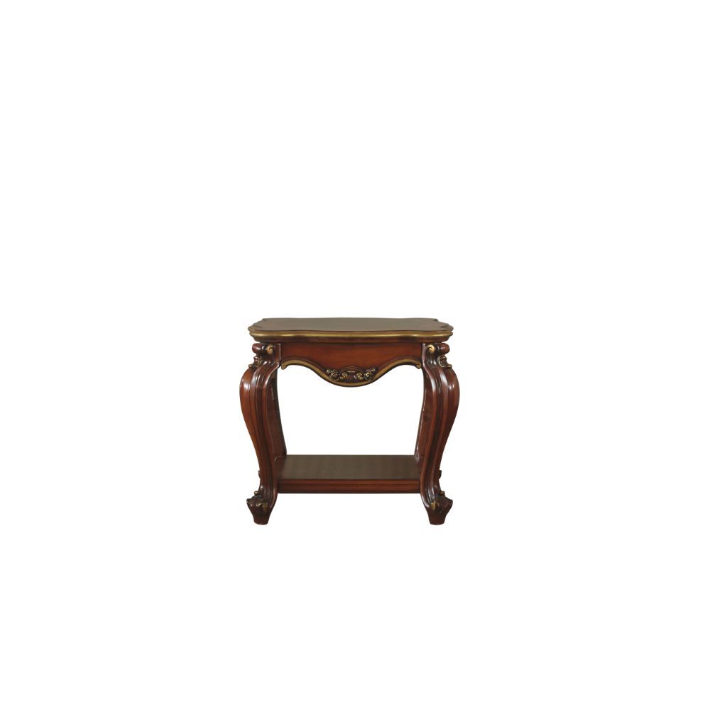 KD, Square Leg End Table â€¢ Storage: Open Compartment (Bottom Shelf) â€¢ Features: Wood Scalloped Top & Shelf, Queen Anne Legs with Oversized Molding Trim â€¢â€¢ CONSTRUCTION] Wooden Top, Apron & Square Shelf: Wood (Aspen/Poplar), Poly-Resin Moldings â€¢