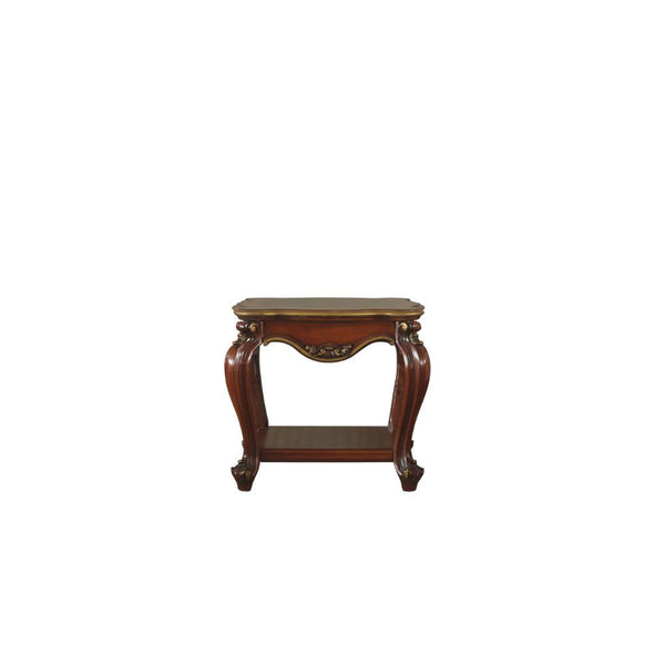 KD, Square Leg End Table â€¢ Storage: Open Compartment (Bottom Shelf) â€¢ Features: Wood Scalloped Top & Shelf, Queen Anne Legs with Oversized Molding Trim â€¢â€¢ CONSTRUCTION] Wooden Top, Apron & Square Shelf: Wood (Aspen/Poplar), Poly-Resin Moldings â€¢