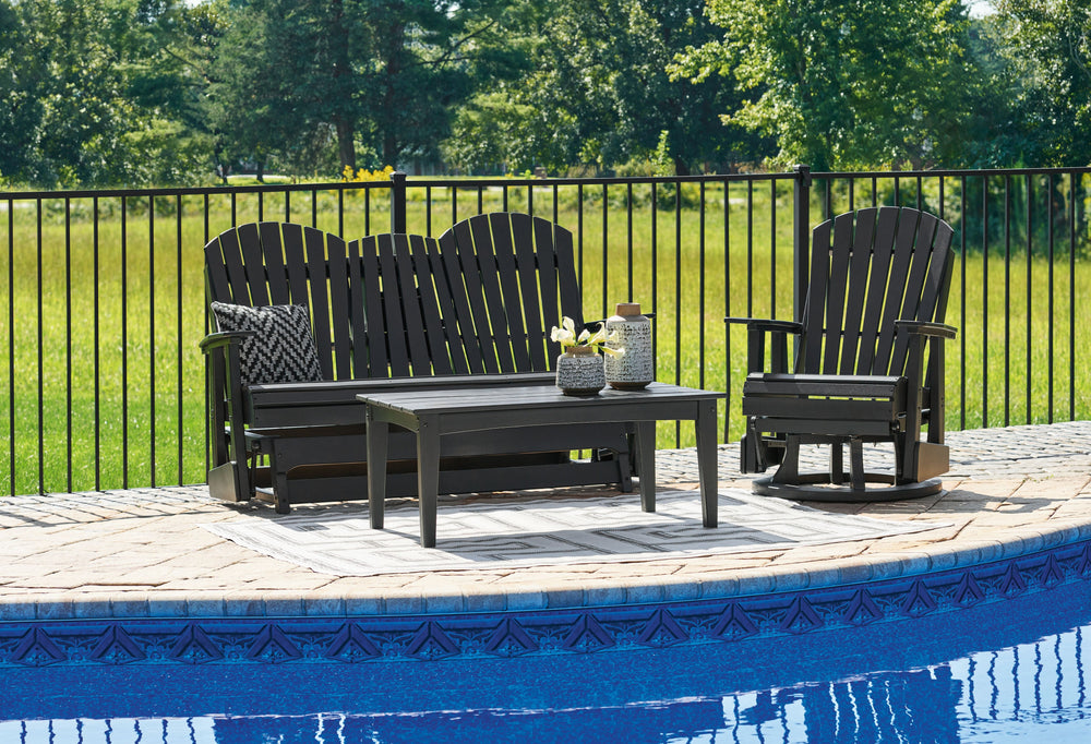 Drift into outdoor entertainment bliss with this set. Dressed in a smart black for a sophisticated feel, it weathers sunny summer days and cozy winter nights with durable MEGA TUFFâ„¢ HDPE material. <h4><b>Hyland Wave - Black - Glider Loveseat</b></h4> <t