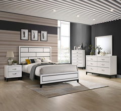 This contemporary bedroom set presents a crisp, clean look with its white finish and contrasting dark accents. The simple, straight lines and subtle details give it a modern edge. The bed features a paneled headboard that makes a statement without overwhe