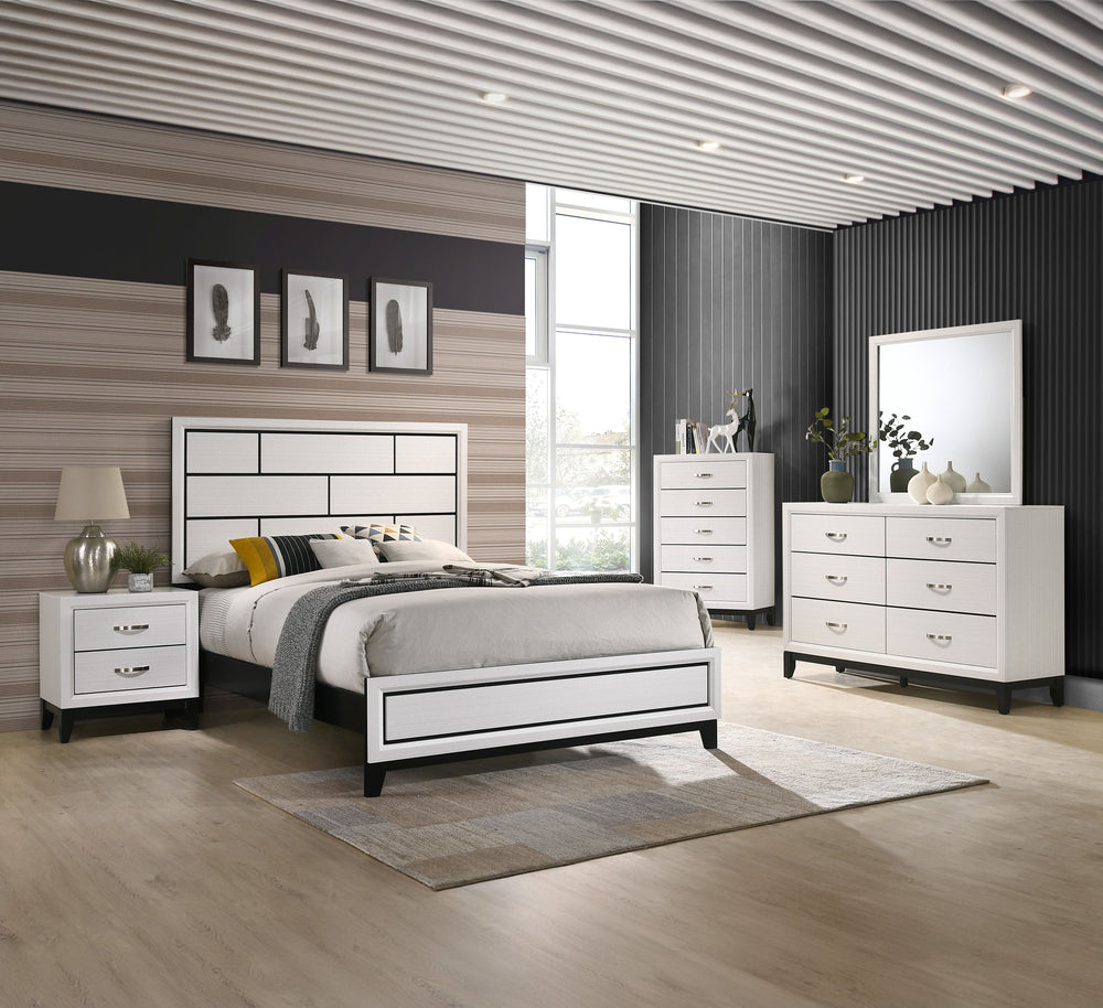 This contemporary bedroom set presents a crisp, clean look with its white finish and contrasting dark accents. The simple, straight lines and subtle details give it a modern edge. The bed features a paneled headboard that makes a statement without overwhe