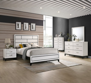 This contemporary bedroom set presents a crisp, clean look with its white finish and contrasting dark accents. The simple, straight lines and subtle details give it a modern edge. The bed features a paneled headboard that makes a statement without overwhe