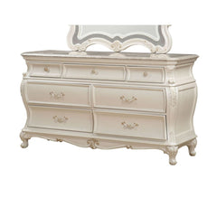 The Chantelle Dresser with Granite Top features seven felt-lined pull-out drawers with delicate drop handles and an antique platinum finish. The 1st Avenue collection strives to create a warm and comfortable environment in every home without sacrificing s