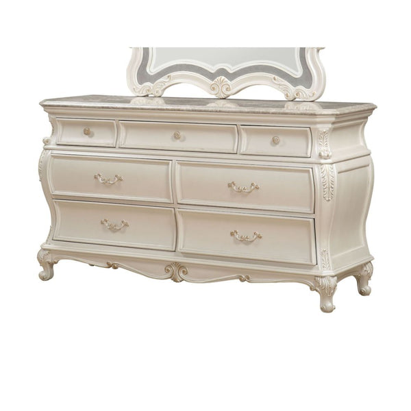 The Chantelle Dresser with Granite Top features seven felt-lined pull-out drawers with delicate drop handles and an antique platinum finish. The 1st Avenue collection strives to create a warm and comfortable environment in every home without sacrificing s