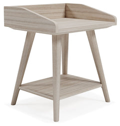 Display decor with simple style on this artful accent table. Constructed of wood, engineered wood and veneer in a light tan finish, it blends easily with your existing living room aesthetic. A gallery rail top, undermount shelf and dual USB chargers keep 