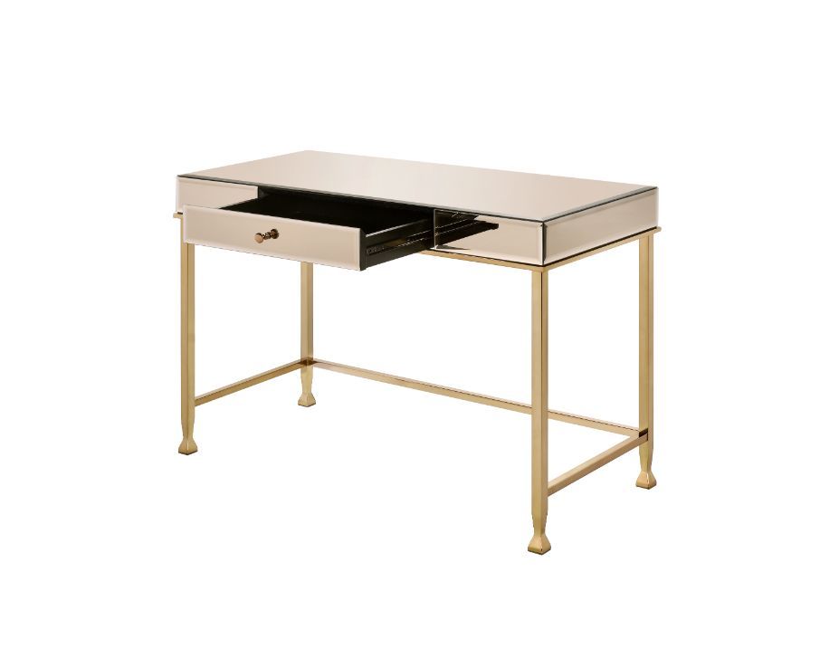 KDâ€¢ Rectangular Writing Deskâ€¢ 1 Storage Drawerâ€¢ Metal Baseâ€¢ Side Metal Drawer Glideâ€¢ 1/2 Extension Drawer Glide<br/><br/><b>Product Features</b><ul><li>Case: 1Pc/1Ctn</li><li>Finish: Smoky Mirroed and Champagne Finish</li><li>Style: Contemporary