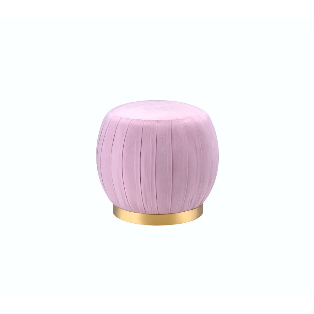 Assembled, Backless Round Ottoman (NO Storage) â€¢ Fully Padded Seat: Velvet â€¢ Armless â€¢ Wooden Inner Frame â€¢ Metal Round Base: Gold Finish<br/><br/><b>Product Features</b><ul><li>Round Ottoman</li><li>Stationary Seat</li><li>Armless (Backrest)</li>