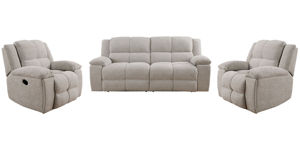 Big and cozy, but make it fancy! The Buster Sofa, Loveseat & Recliner does just that. Two one-and-a-half-sized seats with exaggeratedly large plush cushions and dual manual reclining mechanisms create oversized lounging space that just beckon you to take 