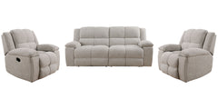 Big and cozy, but make it fancy! The Buster Sofa, Loveseat & Recliner does just that. Two one-and-a-half-sized seats with exaggeratedly large plush cushions and dual manual reclining mechanisms create oversized lounging space that just beckon you to take 