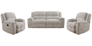 Big and cozy, but make it fancy! The Buster Sofa, Loveseat & Recliner does just that. Two one-and-a-half-sized seats with exaggeratedly large plush cushions and dual manual reclining mechanisms create oversized lounging space that just beckon you to take 