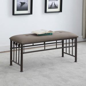  it includes a softly cushioned seat upholstered in brown microfiber for added comfort. Vertical rods and ball accents echo