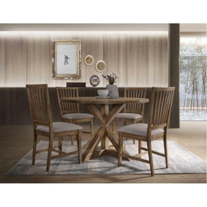 Enhance your dining space with the sophisticated Wallace dining set. This simple table features a weathered finish with the understated styling of transitional design. The sturdy round dining table that features a sophisticated trestle base with a unique 