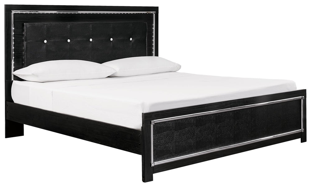 Rest easy. The luxurious look youâ€™ve been dreaming of is yours for the taking, at a price sure to put you at ease. This king upholstered panel bed-'s dark finish, faceted chrome-tone accents and LED lighting exude Hollywood-chic style to the max. Padded