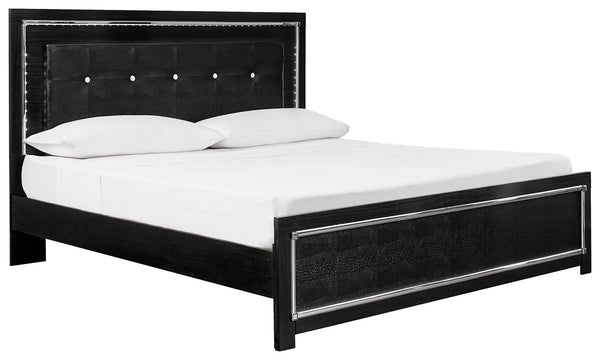Rest easy. The luxurious look youâ€™ve been dreaming of is yours for the taking, at a price sure to put you at ease. This king upholstered panel bed-'s dark finish, faceted chrome-tone accents and LED lighting exude Hollywood-chic style to the max. Padded