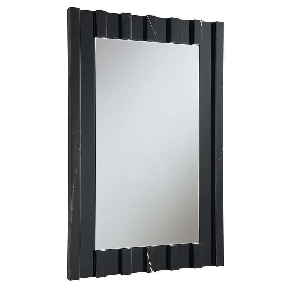 Drisana collection console table and accent mirror exudes modern elegance with its sleek black mirrored finish and marble grain design. This sophisticated pair adds a touch of luxury to any entryway or living space, providing both style and functionality.
