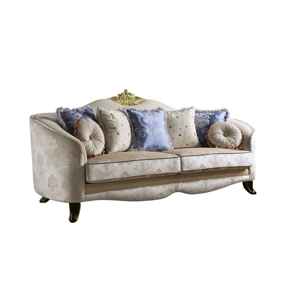 The Sheridan sofa is defined by comfort and style. This beautiful sofa features a solid wood molding crown with a tight back and loose seat cushions in classic cream fabric upholstery. Each piece of this sophisticated living room set boasts of elegantly a