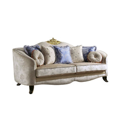 The Sheridan sofa is defined by comfort and style. This beautiful sofa features a solid wood molding crown with a tight back and loose seat cushions in classic cream fabric upholstery. Each piece of this sophisticated living room set boasts of elegantly a