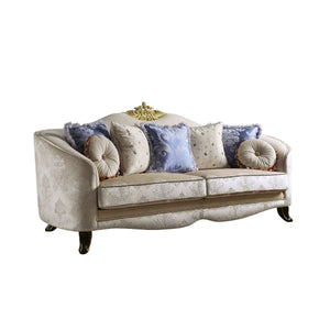The Sheridan sofa is defined by comfort and style. This beautiful sofa features a solid wood molding crown with a tight back and loose seat cushions in classic cream fabric upholstery. Each piece of this sophisticated living room set boasts of elegantly a