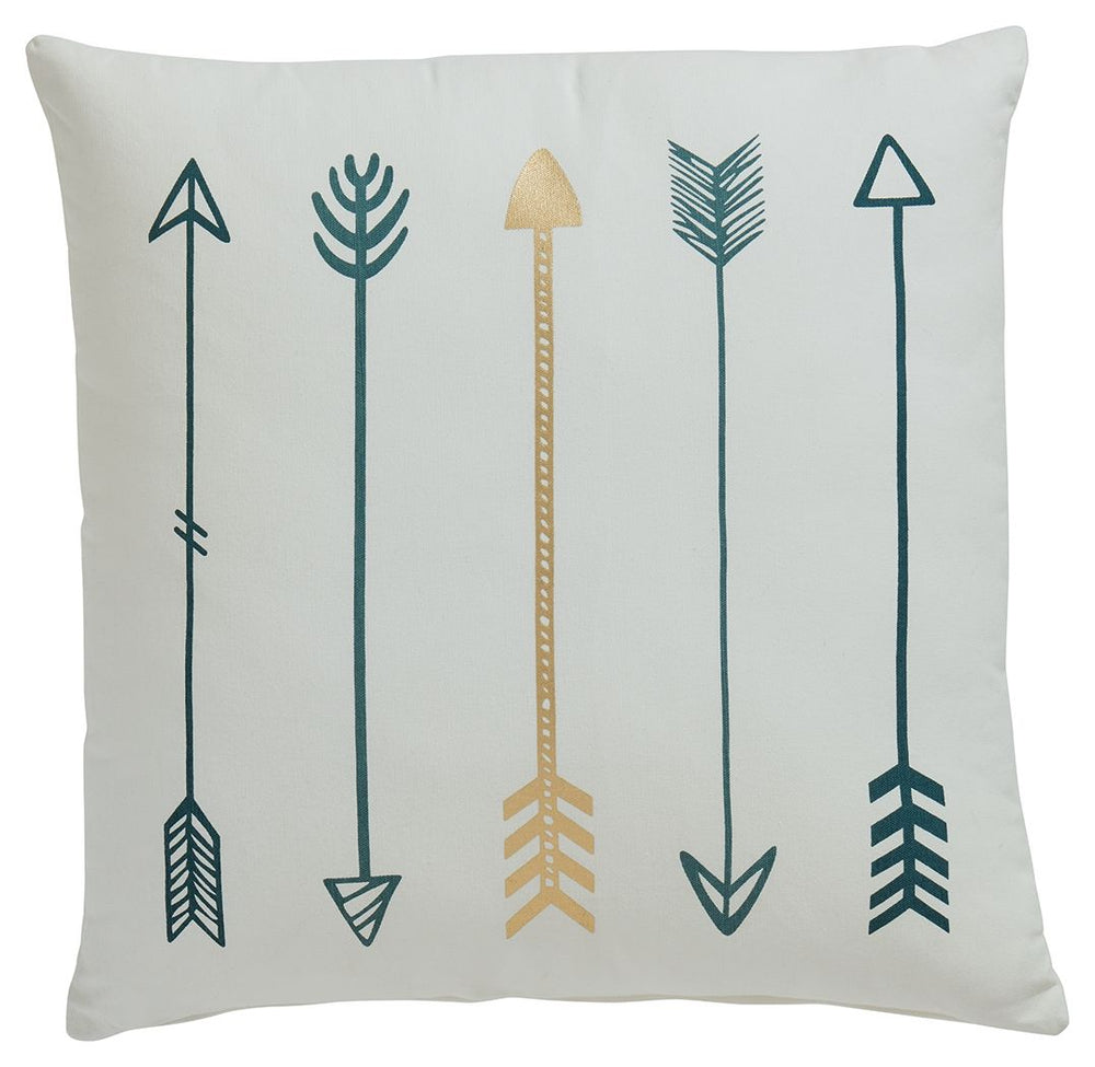 Add a distinctive piece of decor to your room with this accent pillow. Adorned with a pattern of arrows in teal, white and metallic goldtone, this striking print adds a splash of style to any decor. Featuring a cotton cover with knife edge construction an