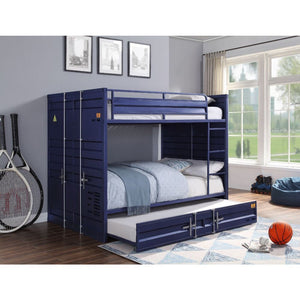 The Cargo bunk bed and trundle is the perfect addition to any childâ€™s room. This contemporary container themed metal bunk bed is crafted with an industrial look that is an ideal addition to your bedroom. The bed is accented with recessed panel design an