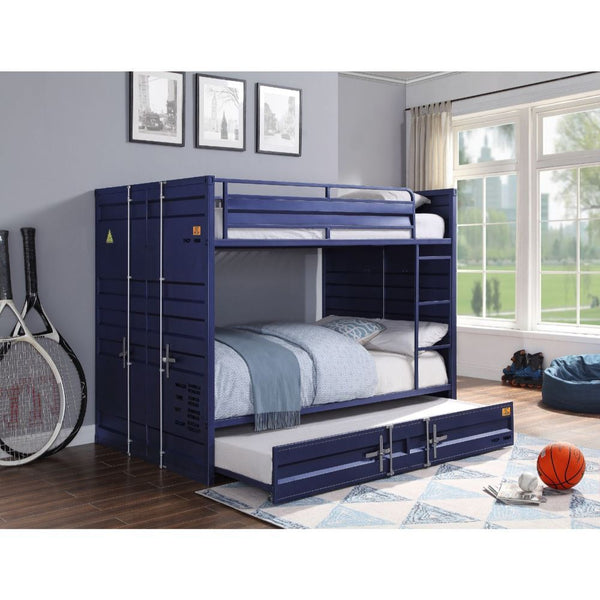 The Cargo bunk bed and trundle is the perfect addition to any childâ€™s room. This contemporary container themed metal bunk bed is crafted with an industrial look that is an ideal addition to your bedroom. The bed is accented with recessed panel design an