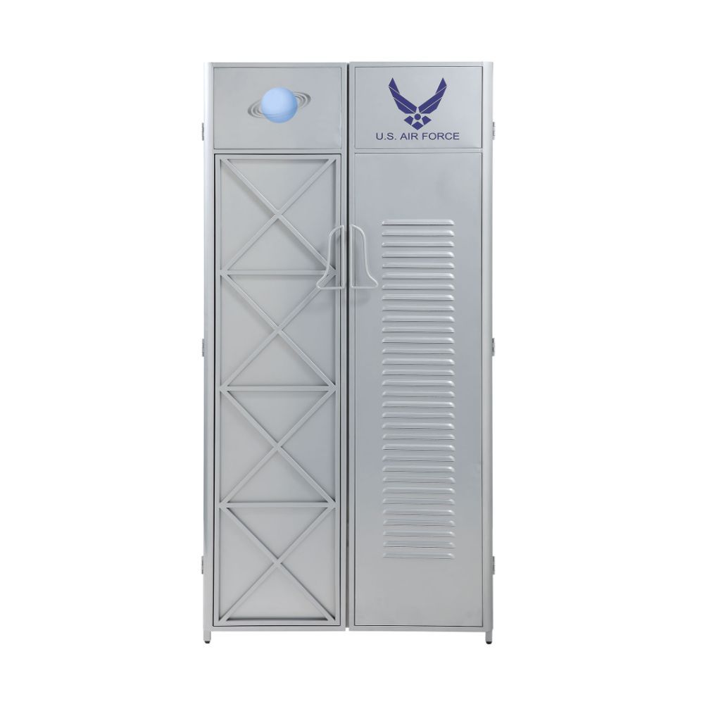 KD, Rectangular Wardrobe (Back Panel with Gray Finish) â€¢ Storage: 2 Metal Doors â€¢ RF Door: 2 Compartments, Bottom with Hanging Rod (1 Removable Shelf) â€¢ LF Door: 5 Compartments (4 Removable Shelves) â€¢â€¢â€¢ Metal Construction: Silver Finish Metal 