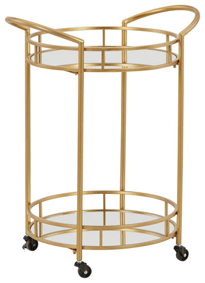 Add a bright spot to your contemporary space with this bar cart. Its beautifully bold blend of goldtone metal and mirrored glass heightens your home-'s modern aesthetic. Itâ€™s a striking choice for your kitchen or entryway, with locking casters allowing 