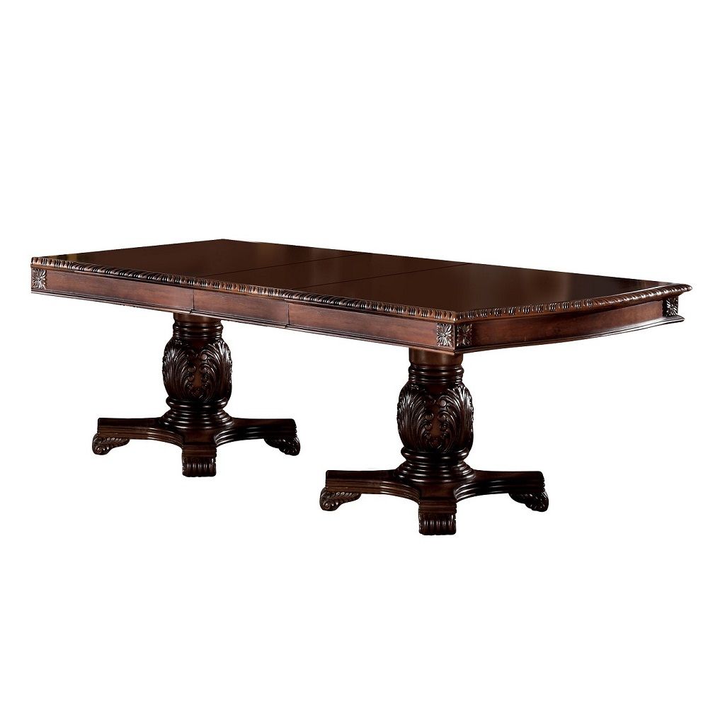 KD, Rectangular Double Pedestal Table NO Storage Extension Leaf: Removable (2 x 15-") CONSTRUCTION Wooden Top & Apron: Arched Sides, Parquet Top Pattern & Grooved Trim Wooden Double Pedestal: Double Columns with Raised Leaves Motifs, Each Over 4- Foot Bas