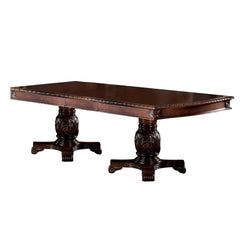 KD, Rectangular Double Pedestal Table NO Storage Extension Leaf: Removable (2 x 15-") CONSTRUCTION Wooden Top & Apron: Arched Sides, Parquet Top Pattern & Grooved Trim Wooden Double Pedestal: Double Columns with Raised Leaves Motifs, Each Over 4- Foot Bas